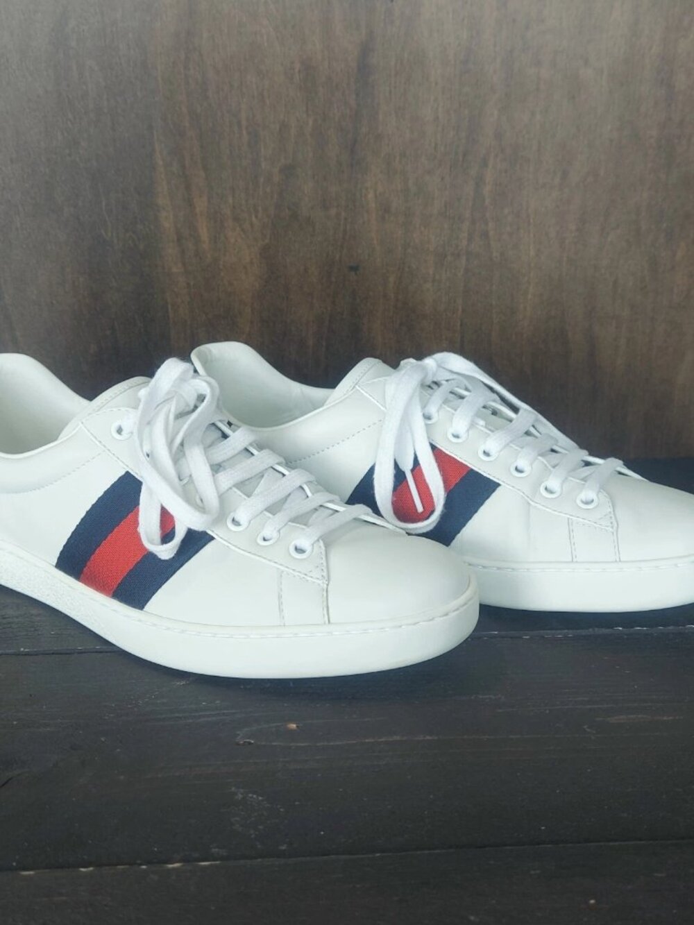 Gucci Ace Leather Navy Red Web Stripe Sneaker M7.5 W9-9.5 - Picture 5 of 14